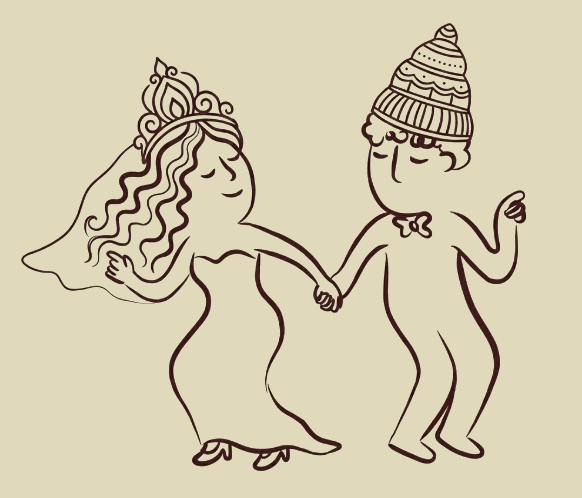 Line drawing of a bride and groom holding hands